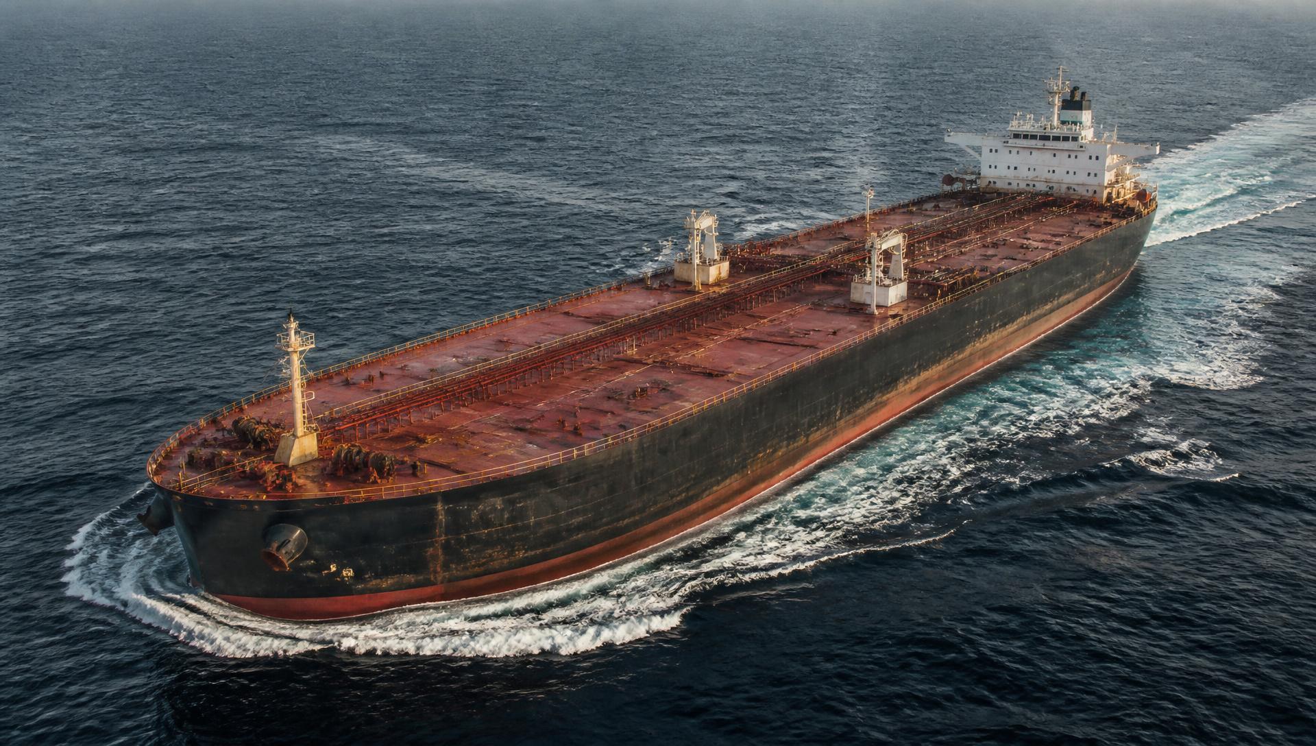 Aerial view of a laden crude oil tanker underway on open sea